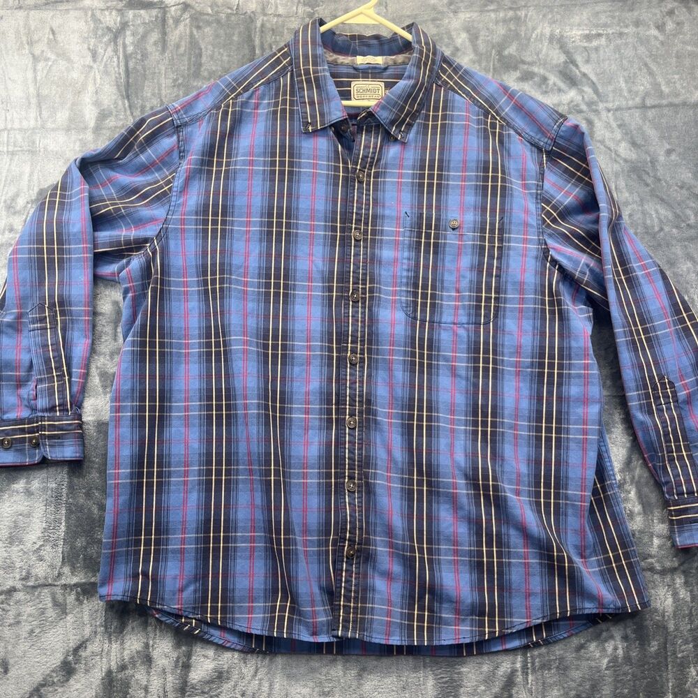 CE Schmidt Workwear Shirt Mens 2XL Blue Yellow Red Plaid Long Sleeve Button Up